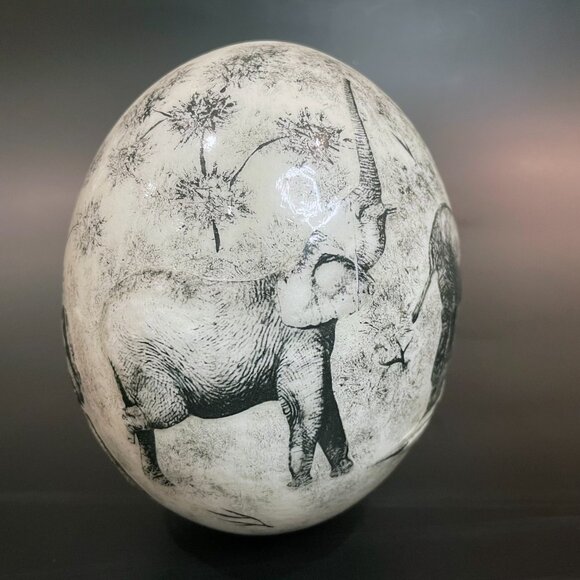 Ostrich Egg with Hand Drawn African Elephants. 5.5" x 5.5" x 7.5" - Picture 4 of 7